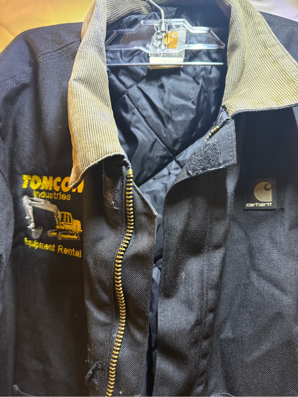 Carhartt Black Work Jacket with Tan Corduroy Collar and Yellow Embroidery